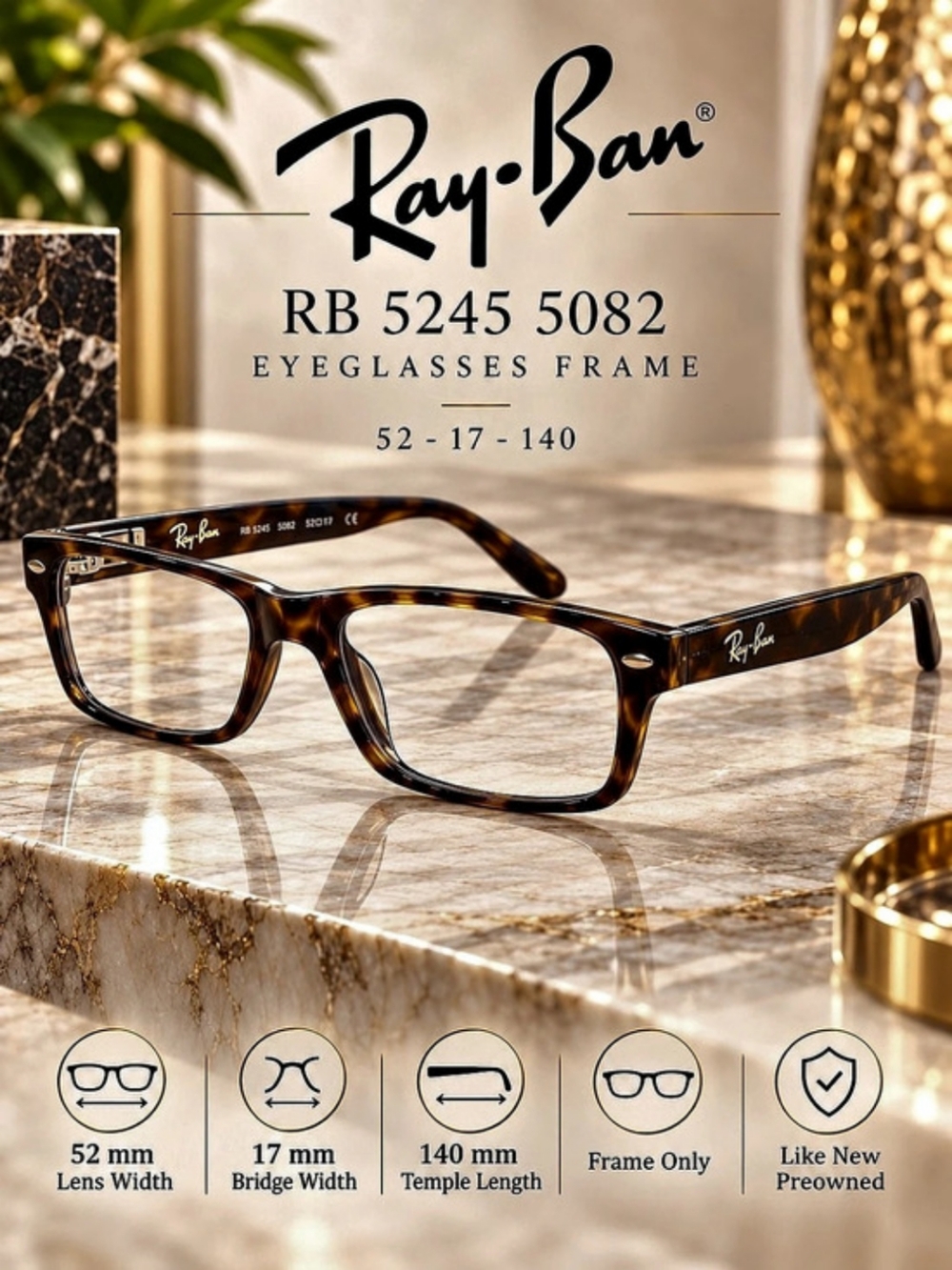 Ray-Ban RB 5245 Tortoiseshell Eyeglass Frames Brown Unisex 52-17-140 Like New